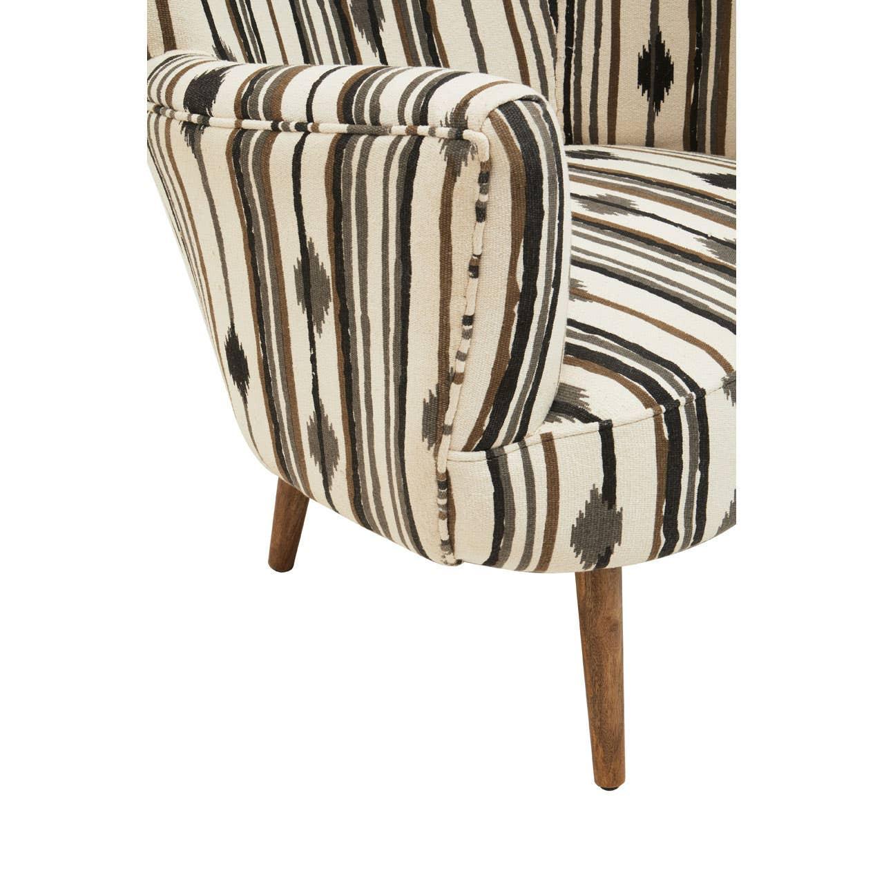 Striped accent chair with brown and black upholstery, visible armrest and wooden legs