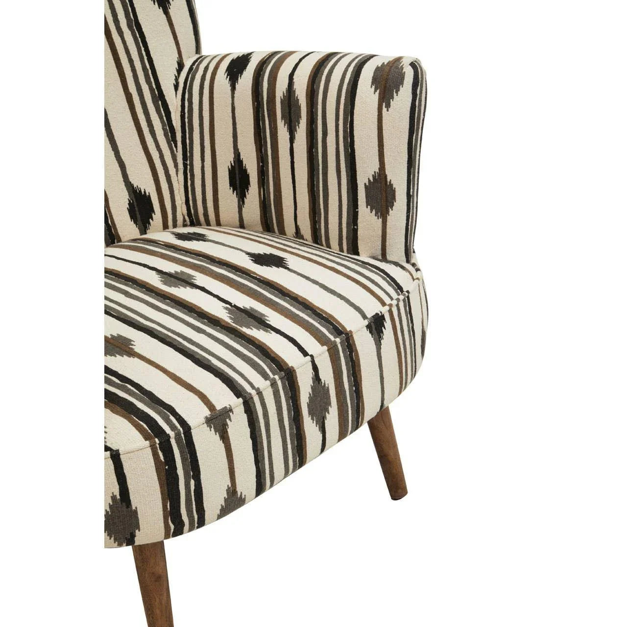 Striped accent chair with wooden legs and cream, black, and brown patterned upholstery