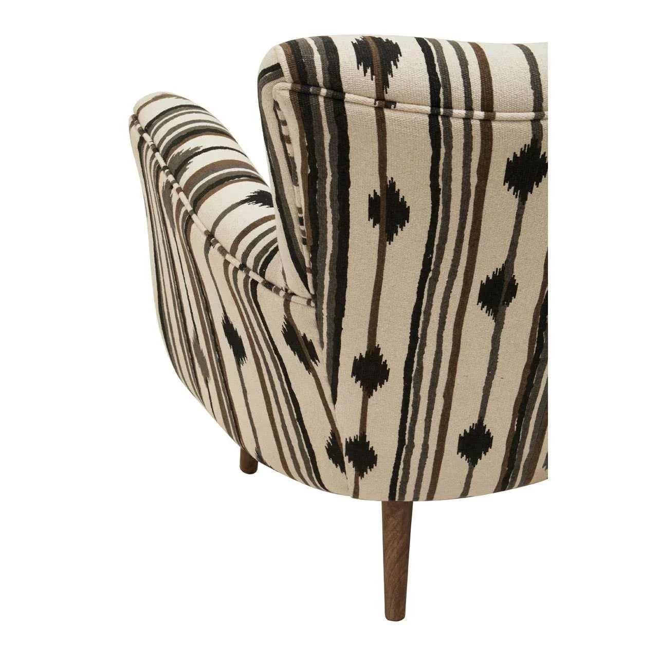 Patterned accent chair with tapered wooden legs and striped upholstery in brown and cream