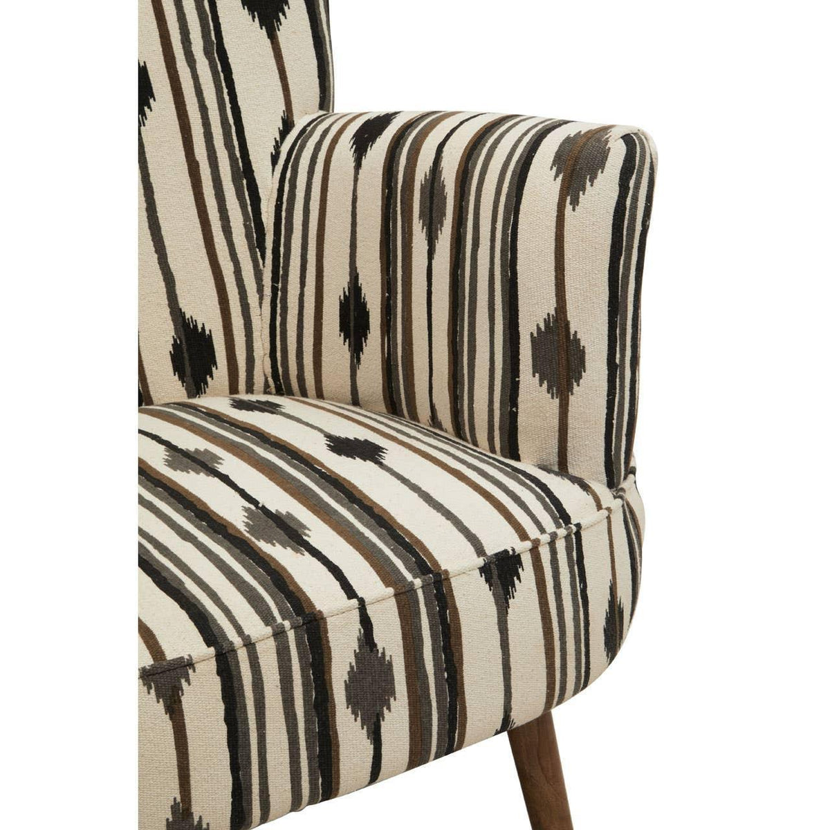 Patterned accent chair with striped beige upholstery and wooden legs, close-up view