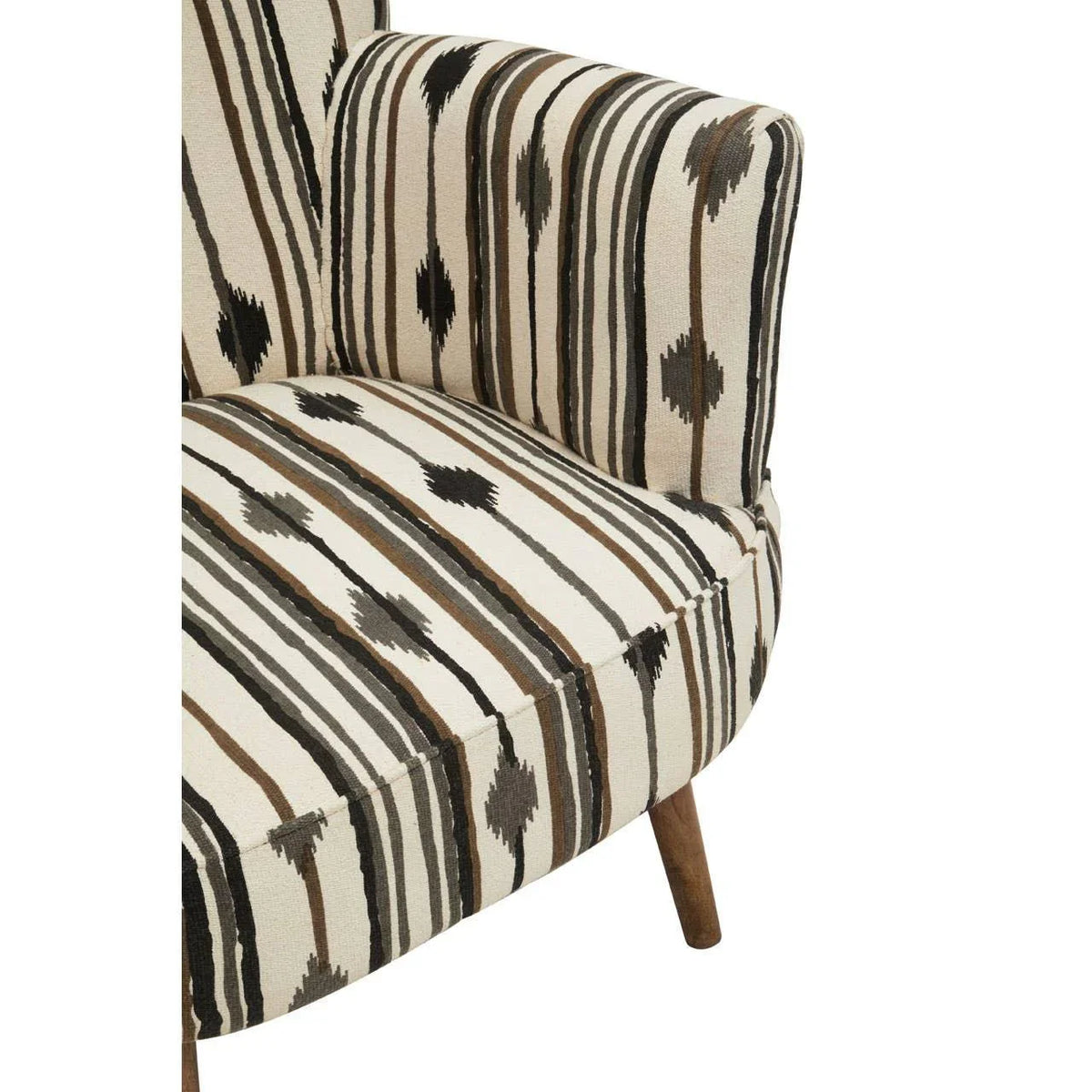 Striped accent chair with earth tone upholstery and wooden legs, close-up view