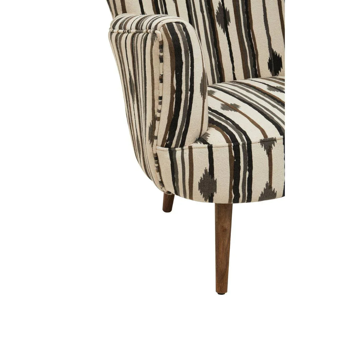 Striped accent chair with brown wooden legs and patterned fabric upholstery, side view