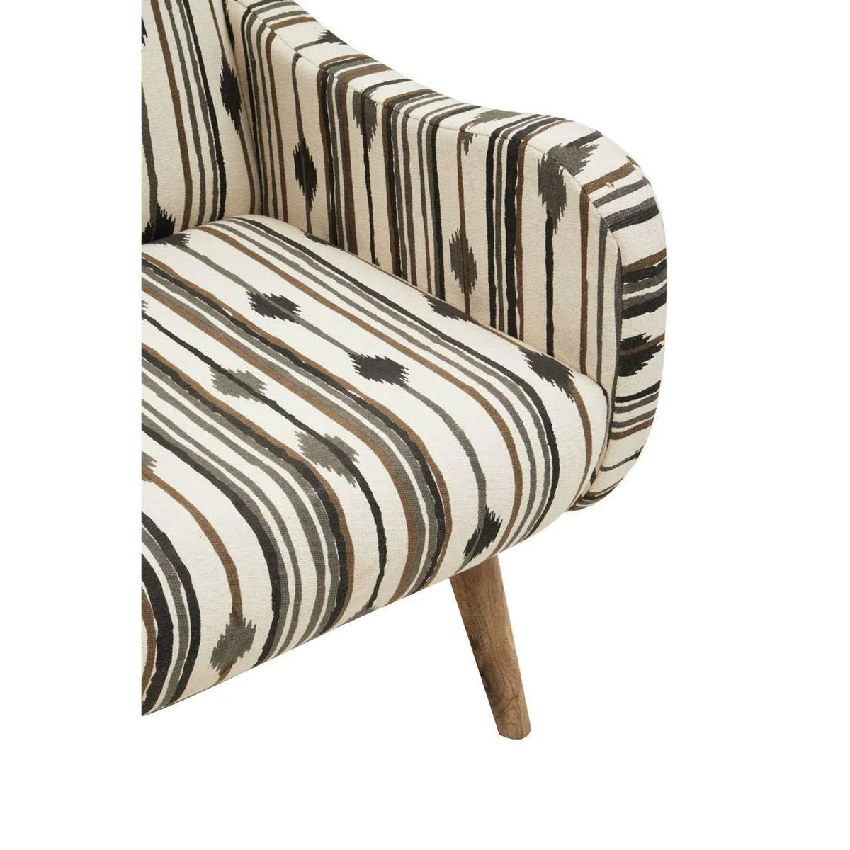Striped fabric armchair with brown wooden leg and curved armrest