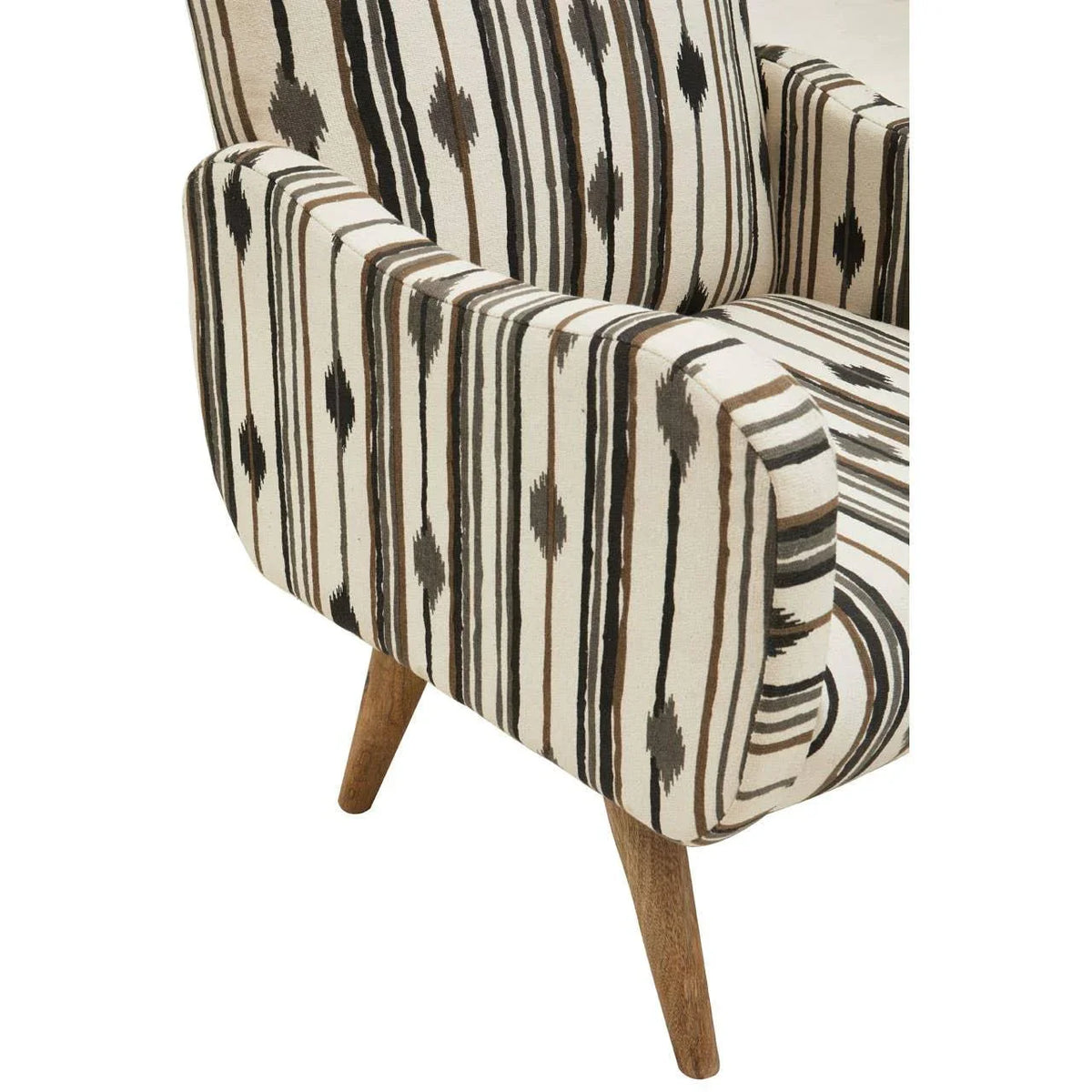 Striped accent chair with wooden legs and geometric pattern upholstery, side angle view