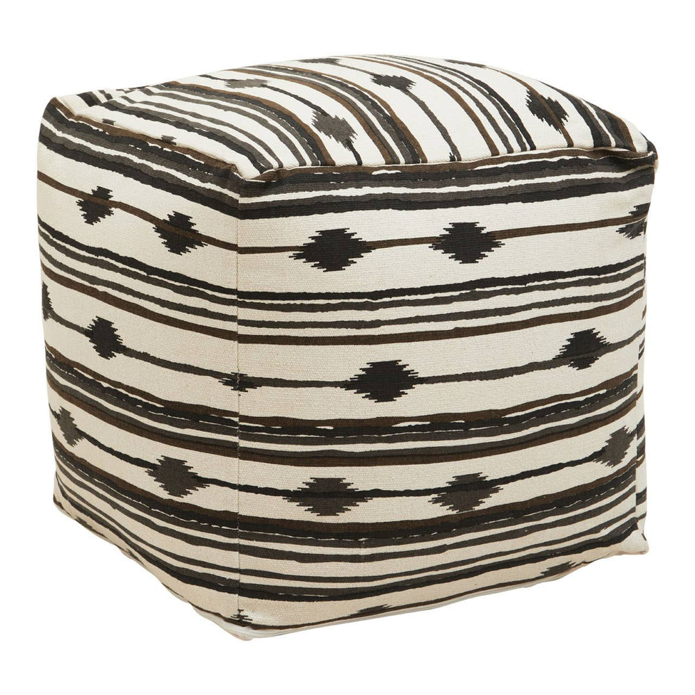 Square pouffe featuring a textured fabric with a black and white striped pattern, accented by geometric shapes. The pouffe has a soft, cushioned top and a sturdy structure, making it suitable for use as a footrest or additional seating