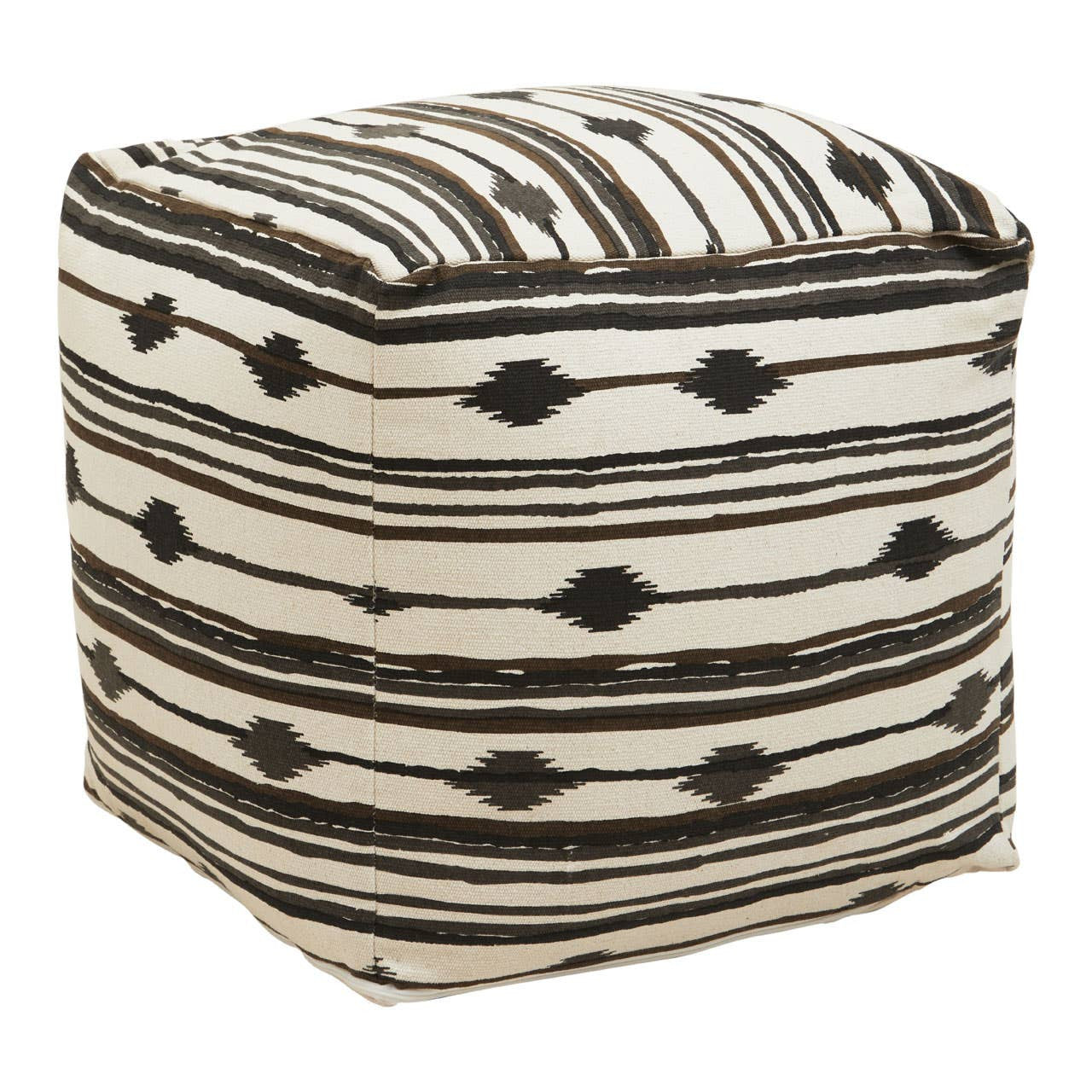 Square pouffe featuring a textured fabric with a black and white striped pattern, accented by geometric shapes. The pouffe has a soft, cushioned top and a sturdy structure, making it suitable for use as a footrest or additional seating
