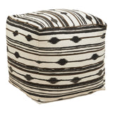 Square pouffe featuring a textured fabric with a black and white striped pattern, accented by geometric shapes. The pouffe has a soft, cushioned top and a sturdy structure, making it suitable for use as a footrest or additional seating