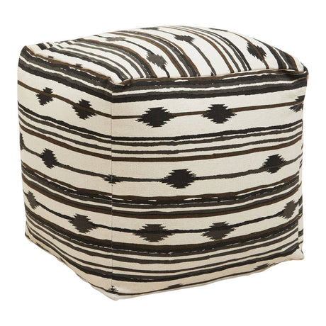 Square pouffe featuring a textured fabric with a black and white striped pattern, accented by geometric shapes. The pouffe has a soft, cushioned top and a sturdy structure, making it suitable for use as a footrest or additional seating