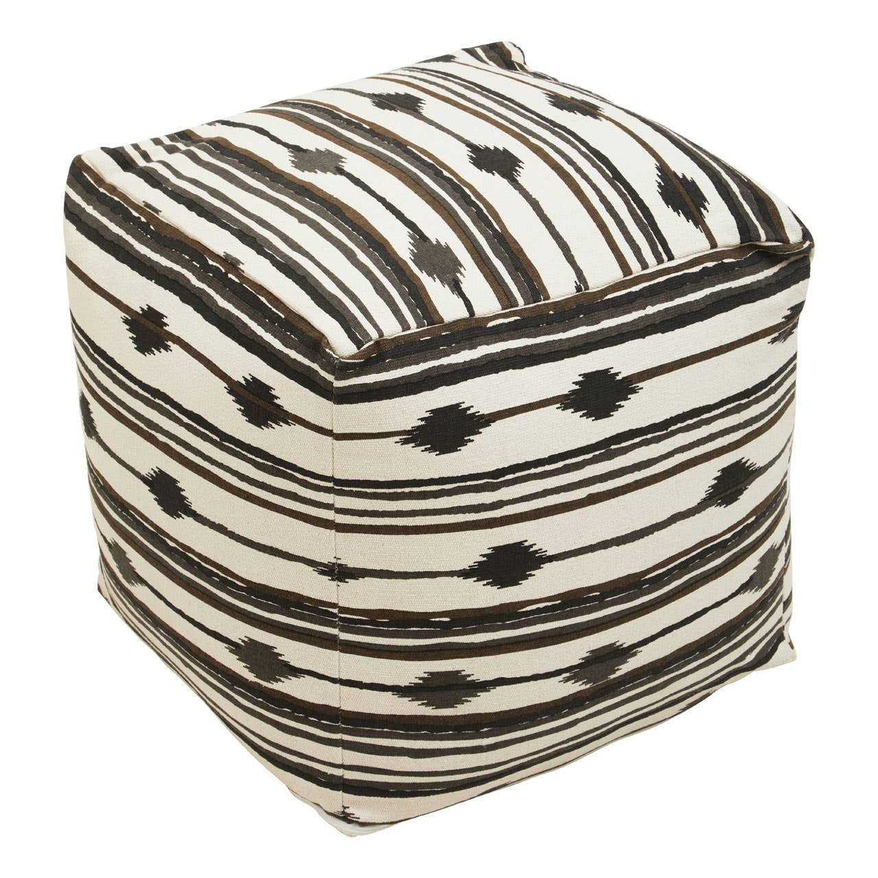 Square pouffe featuring a textured fabric with alternating black and cream stripes and decorative diamond patterns, providing a stylish and versatile seating option for home decor