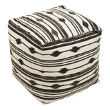 Square pouffe featuring a textured fabric with alternating black and cream stripes and decorative diamond patterns, providing a stylish and versatile seating option for home decor