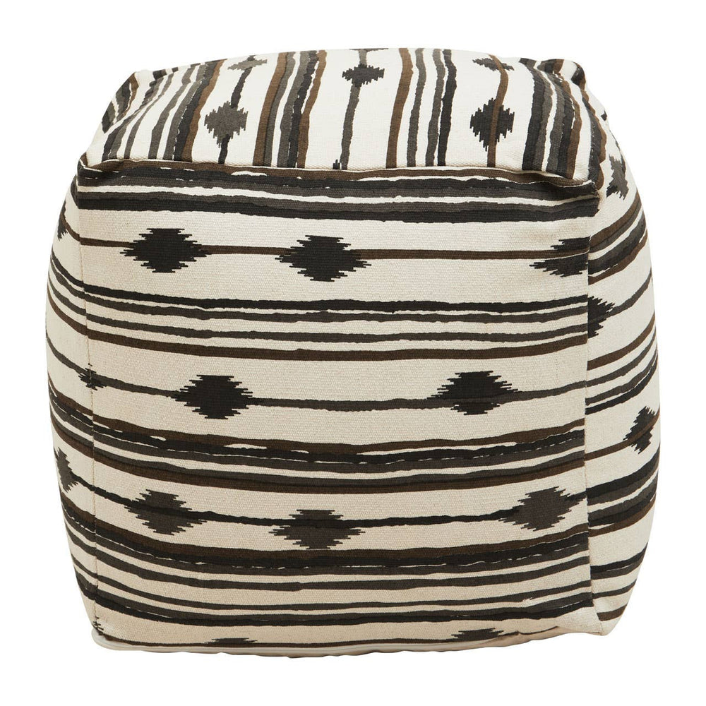 Square pouffe featuring a textured fabric with a black and cream striped pattern, accented by geometric shapes. The pouffe has a soft, cushioned top and is designed for versatile use in home decor