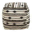 Square pouffe featuring a textured fabric with a black and cream striped pattern, accented by geometric shapes. The pouffe has a soft, cushioned top and is designed for versatile use in home decor