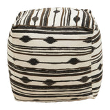 Square pouffe featuring a textured fabric with a black and cream striped pattern, accented by geometric shapes. The pouffe has a soft, cushioned top and is designed for versatile use in home decor