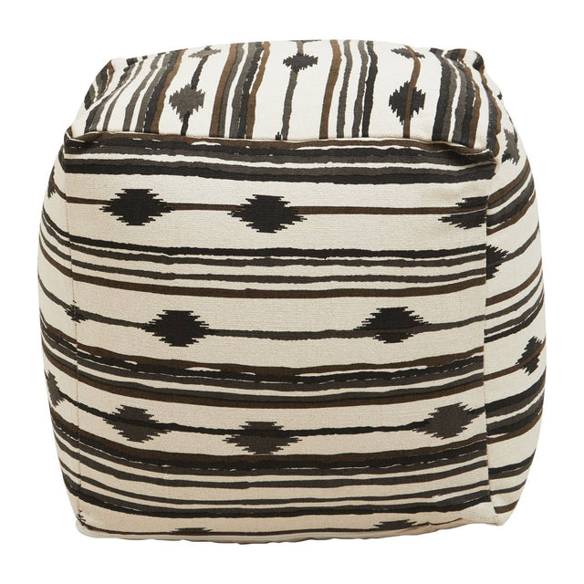 Square pouffe featuring a textured fabric with a black and cream striped pattern, accented by geometric shapes. The pouffe has a soft, cushioned top and is designed for versatile use in home decor