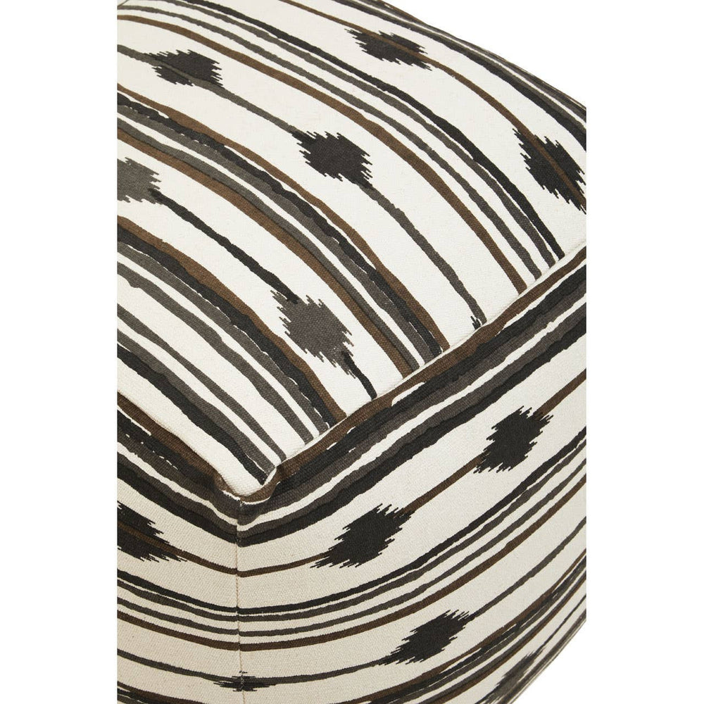 Square pouffe featuring a textured fabric with a bold black and white striped pattern, showcasing a modern design suitable for home decor. The pouffe has a soft, cushioned top and is designed for versatile use in living spaces
