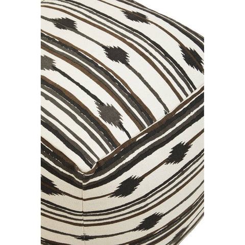 Square pouffe featuring a textured fabric with a bold black and white striped pattern, showcasing a modern design suitable for home decor. The pouffe has a soft, cushioned top and is designed for versatile use in living spaces