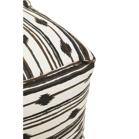 Square pouffe featuring a textured fabric with a geometric pattern of black and cream stripes, showcasing a corner view that highlights its soft edges and contemporary design