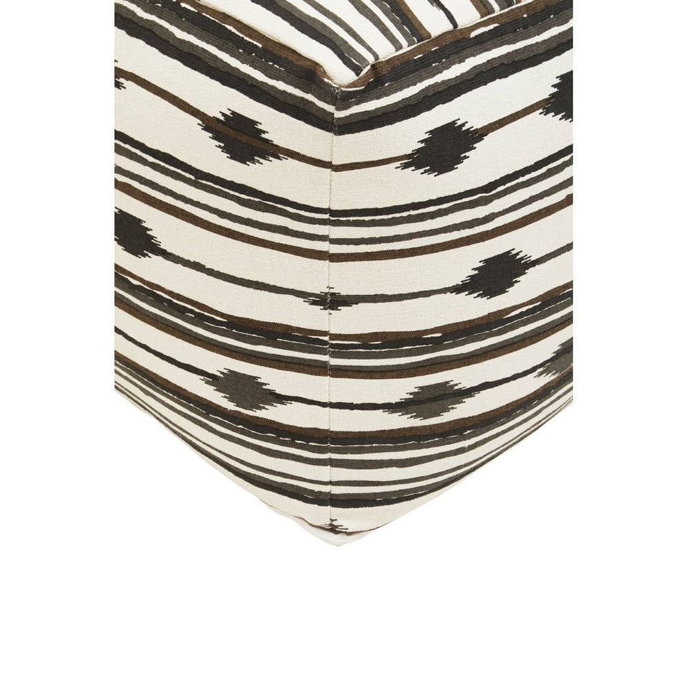 Square pouffe featuring a geometric pattern with alternating black and cream stripes, creating a modern and stylish look. The design includes small dots and lines, adding texture and visual interest
