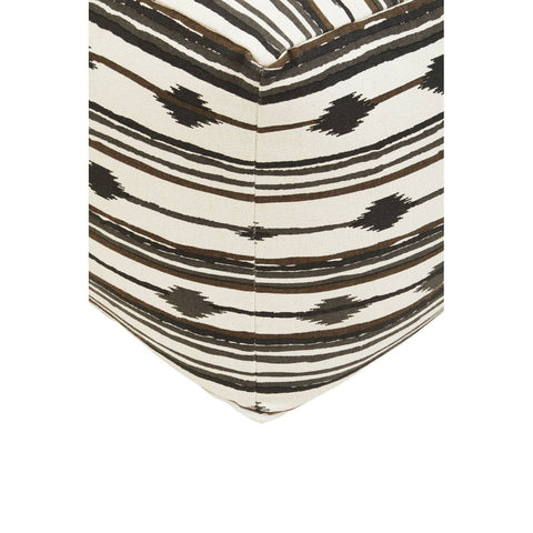 Square pouffe featuring a geometric pattern with alternating black and cream stripes, creating a modern and stylish look. The design includes small dots and lines, adding texture and visual interest