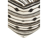 Square pouffe featuring a geometric pattern with alternating black and cream stripes, creating a modern and stylish look. The design includes small dots and lines, adding texture and visual interest