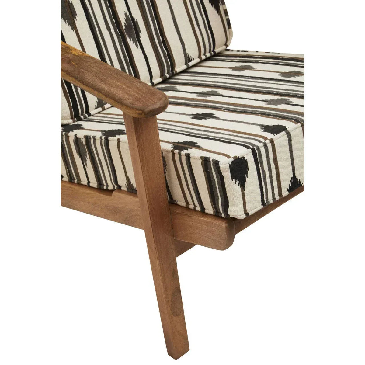 Wooden armchair with striped black and cream cushions, close-up of seat and armrest