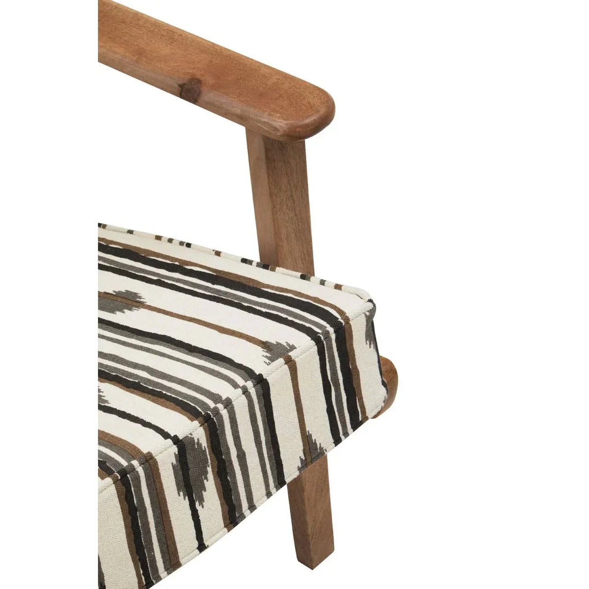 Close-up of wooden armchair with striped fabric seat and angled wooden armrest