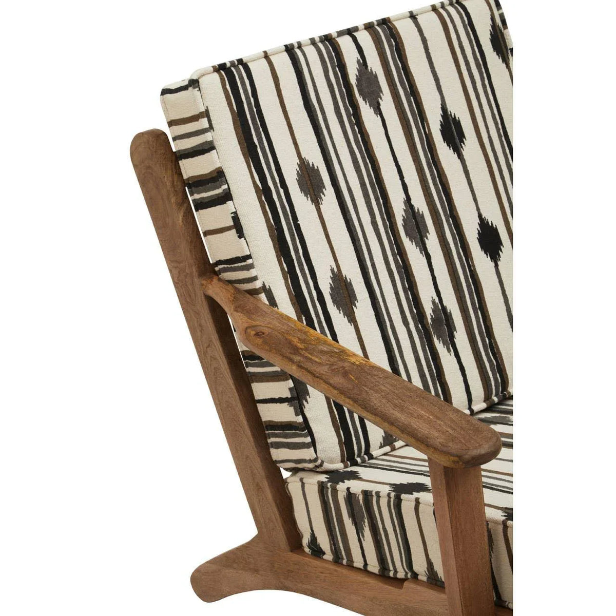 Patterned accent chair with wooden armrest and black striped upholstery