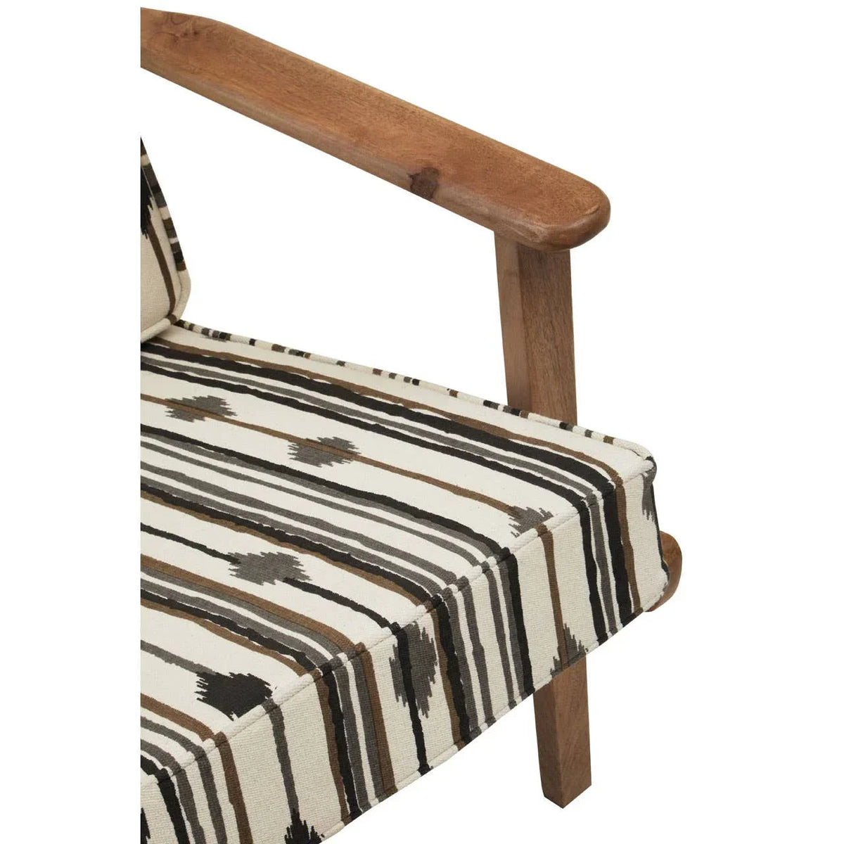 Wooden armchair with geometric striped upholstery in beige, black, and brown