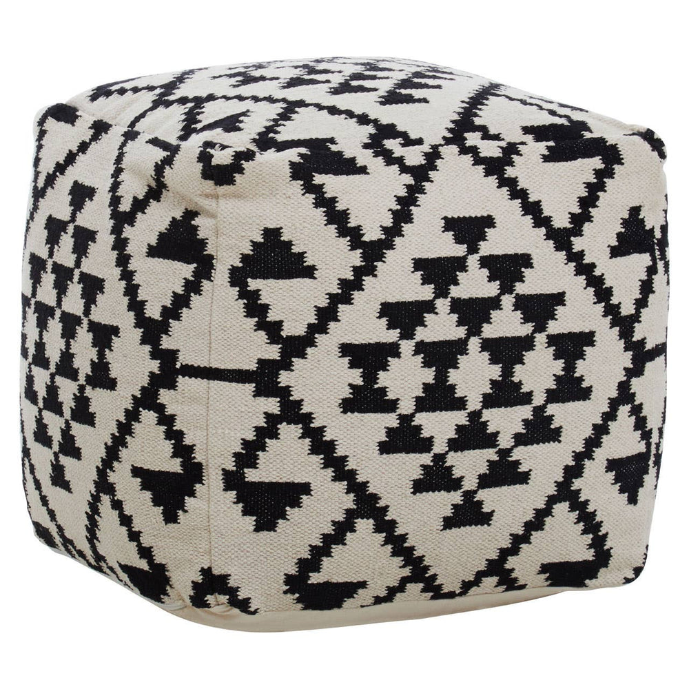 Square pouffe featuring a black and white geometric pattern with triangles and diamonds, designed for home decor. The pouffe has a soft, textured surface and a sturdy shape, suitable for use as a footrest or additional seating