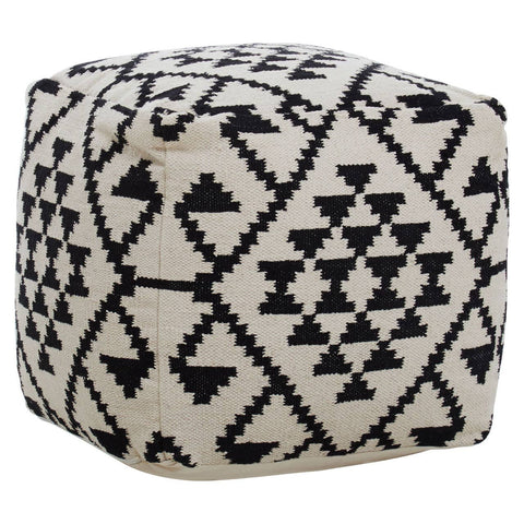 Square pouffe featuring a black and white geometric pattern with triangles and diamonds, designed for home decor. The pouffe has a soft, textured surface and a sturdy shape, suitable for use as a footrest or additional seating