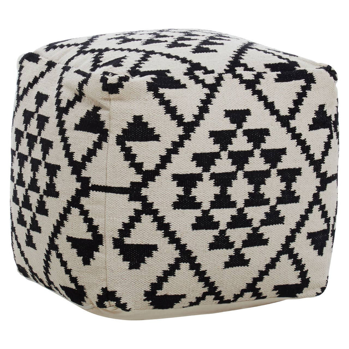 Square pouffe featuring a black and white geometric pattern with triangles and diamonds, designed for home decor. The pouffe has a soft, textured surface and a sturdy shape, suitable for use as a footrest or additional seating