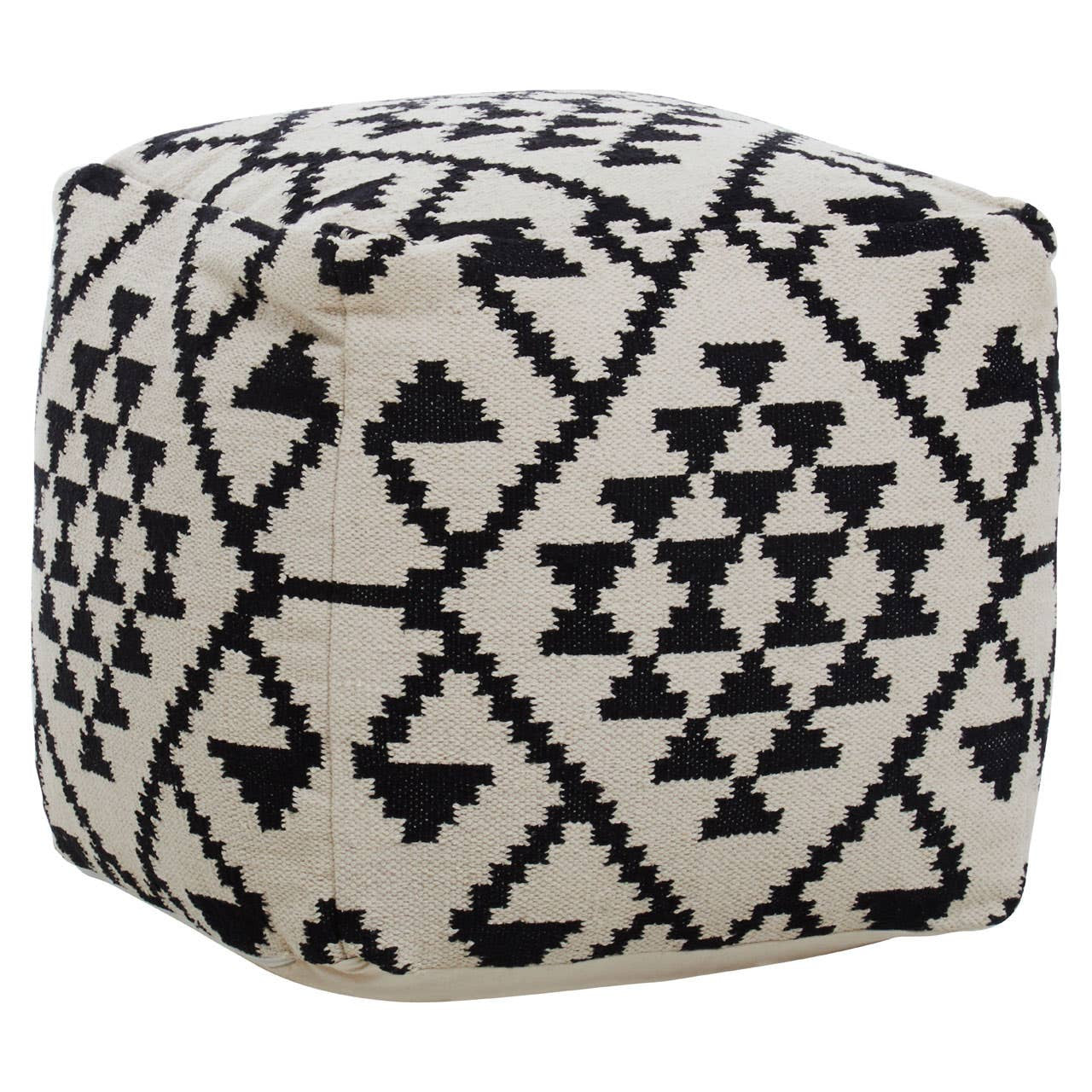 Square pouffe featuring a black and white geometric pattern with triangles and diamonds, designed for home decor. The pouffe has a soft, textured surface and a sturdy shape, suitable for use as a footrest or additional seating