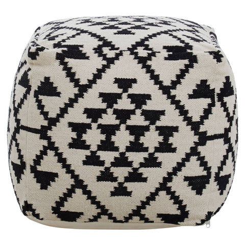Square pouffe featuring a black and white geometric pattern with triangles and diamonds, designed for home decor. The pouffe has a soft, textured surface and rounded edges, making it suitable for use as a footrest or additional seating