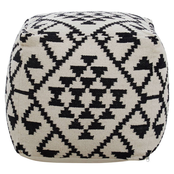 Square pouffe featuring a black and white geometric pattern with triangles and diamonds, designed for home decor. The pouffe has a soft, textured surface and rounded edges, making it suitable for use as a footrest or additional seating
