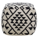 Square pouffe featuring a black and white geometric pattern with triangles and diamonds, designed for home decor. The pouffe has a soft, textured surface and rounded edges, making it suitable for use as a footrest or additional seating