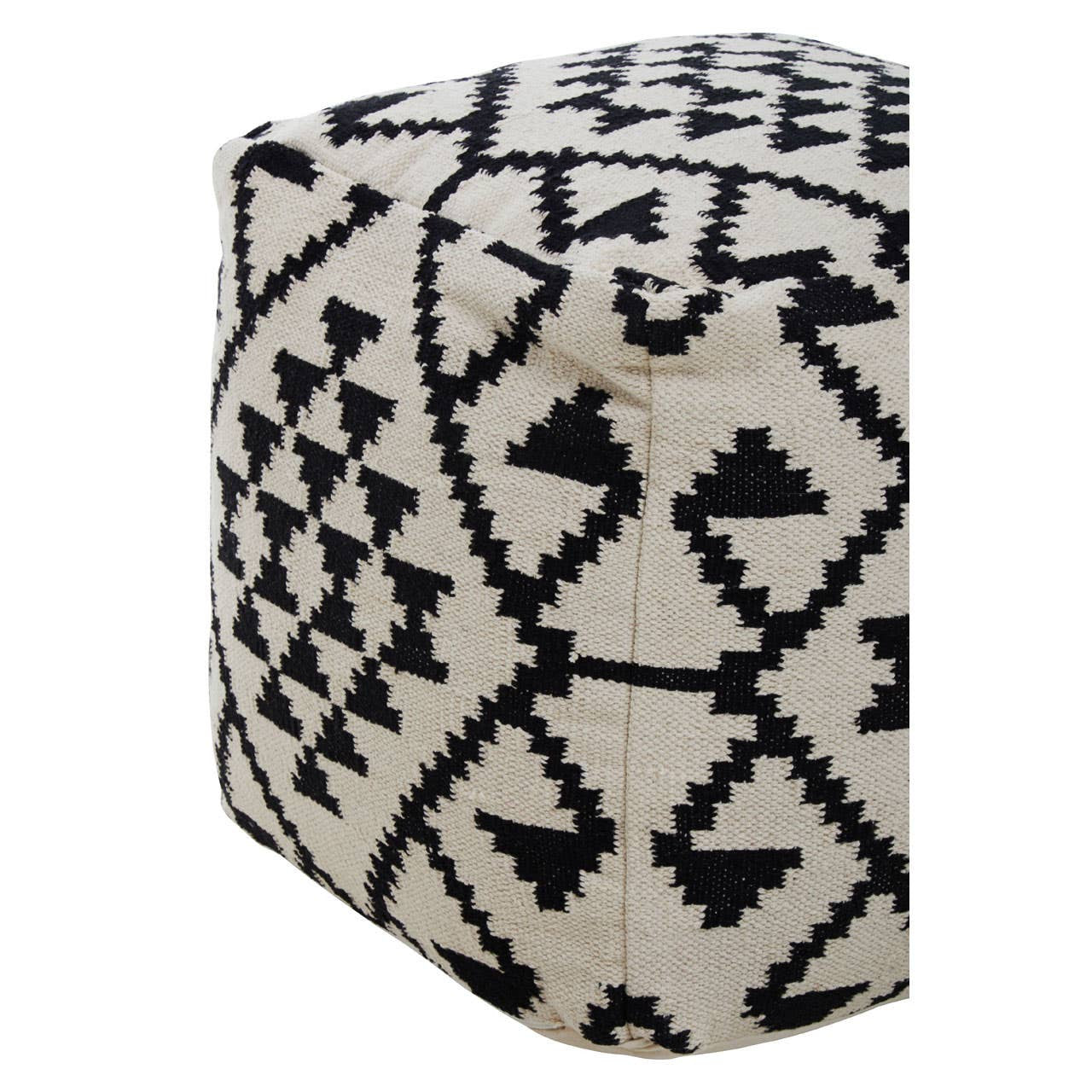 Square pouffe featuring a black and white geometric pattern with various shapes, including triangles and diamonds. The pouffe has a tufted top and a soft, textured fabric finish, making it suitable for use as a footrest or additional seating
