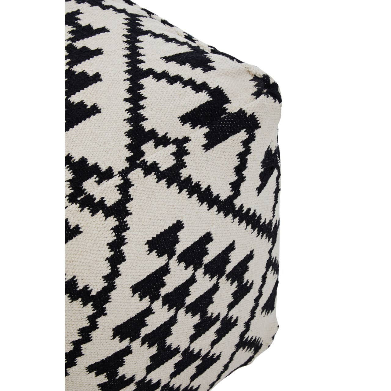 Square pouffe featuring a black and white geometric pattern with zigzag and triangular designs, showcasing a textured fabric surface. The pouffe has a clean, modern shape and is positioned at an angle, highlighting its sides and patterns