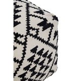 Square pouffe featuring a black and white geometric pattern with zigzag and triangular designs, showcasing a textured fabric surface. The pouffe has a clean, modern shape and is positioned at an angle, highlighting its sides and patterns