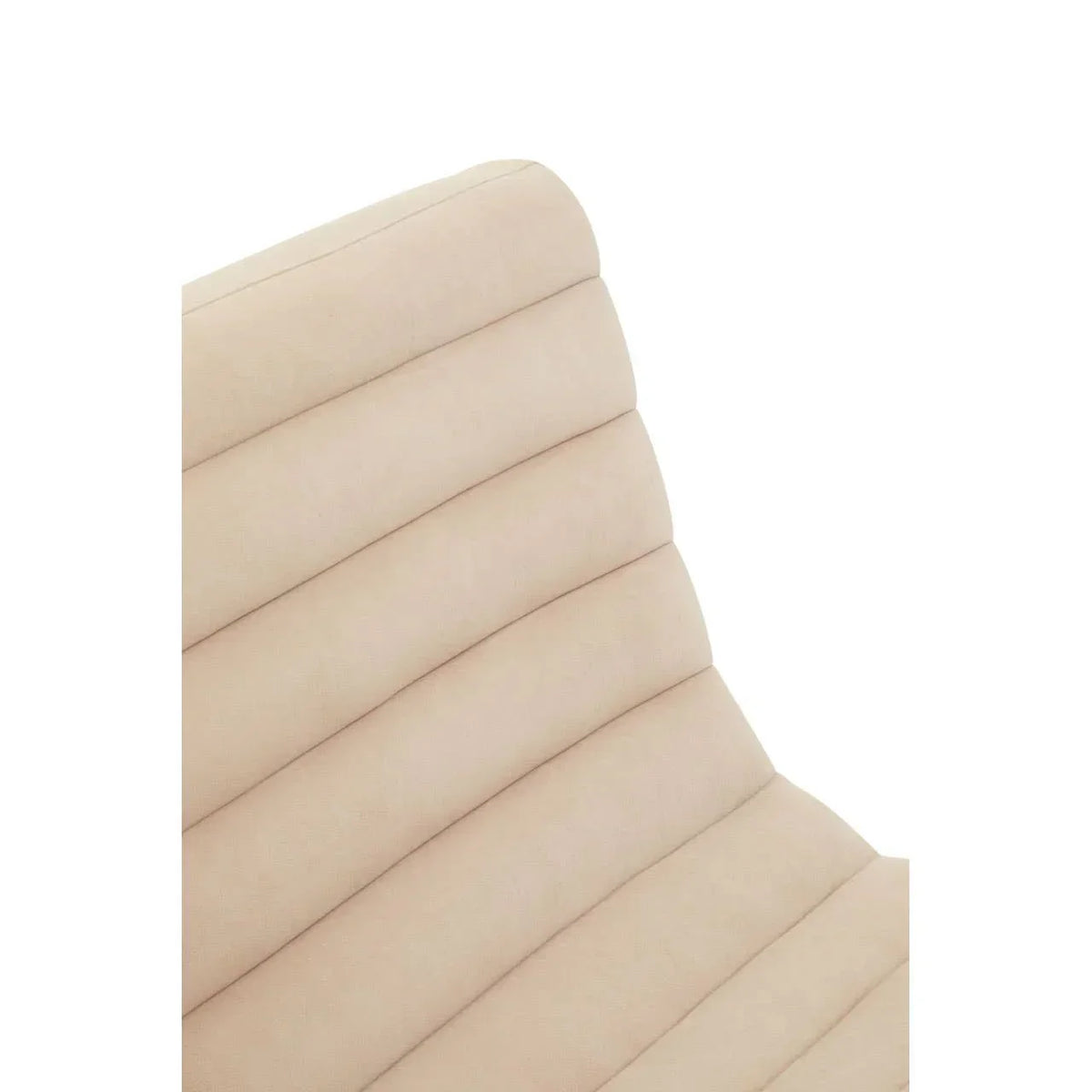 Beige fabric dining chair with horizontal stitch detail, close view of padded backrest