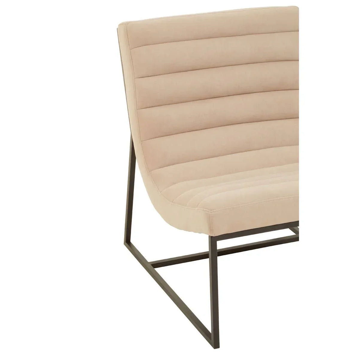 Beige modern accent chair with metal frame and horizontal stitching detail, side view