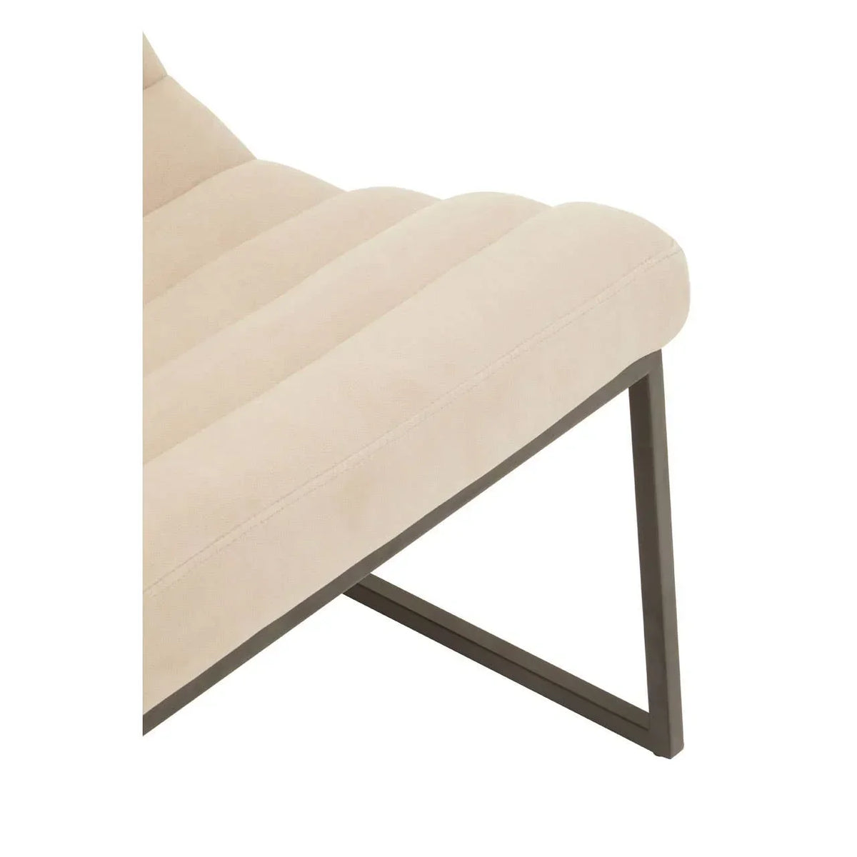 Beige fabric dining chair with stitched seat and black metal legs, side angle detail