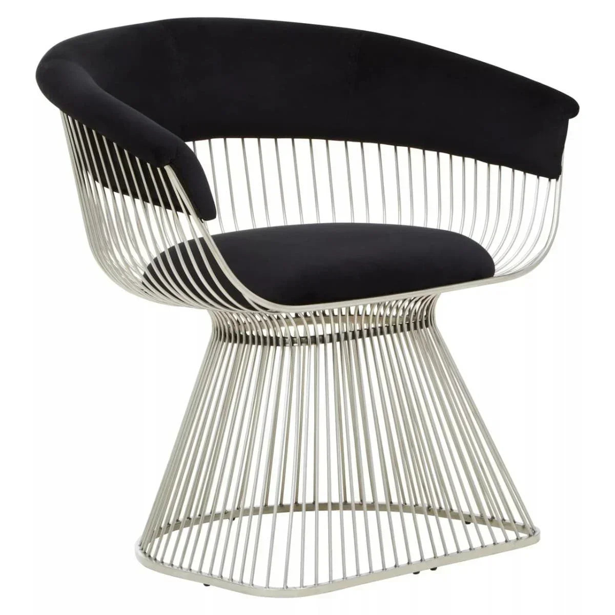 Modern accent chair with chrome wire frame and black upholstered seat and curved backrest