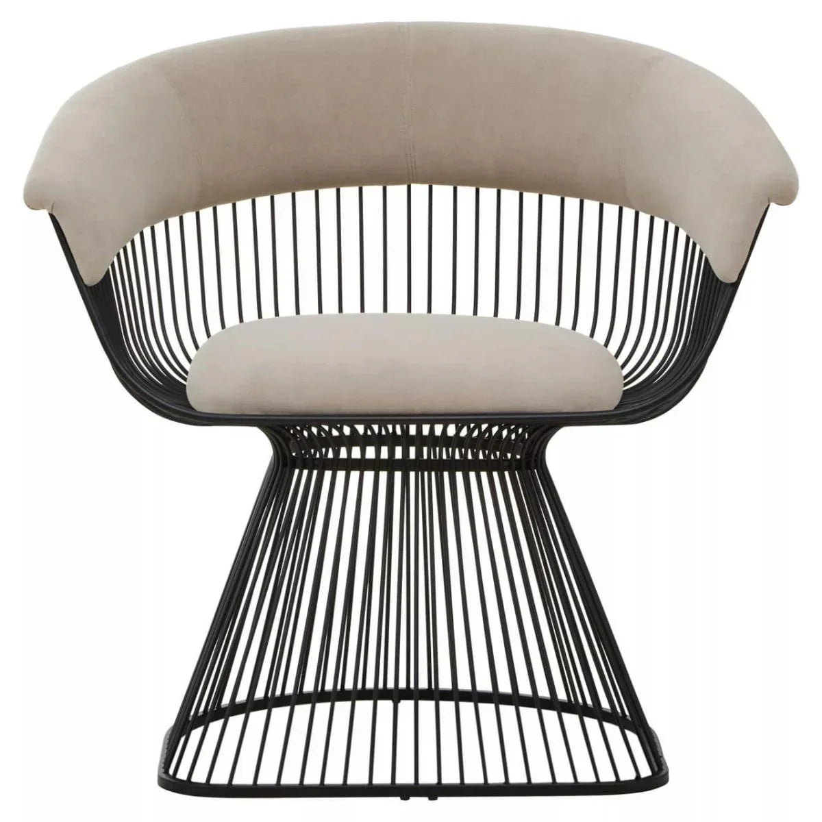 Modern accent chair with black wire frame and beige upholstered seat and backrest