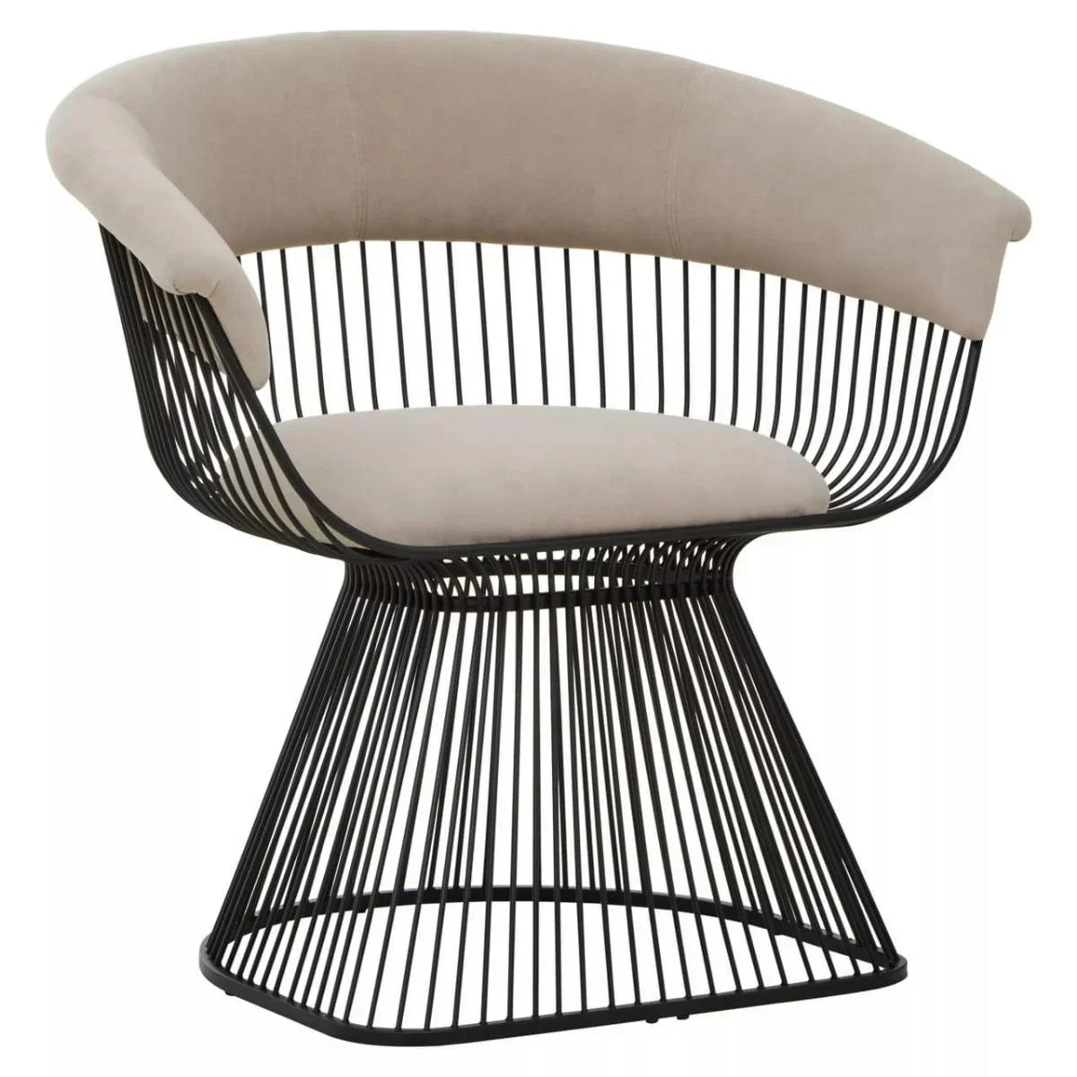 Modern accent chair with black metal frame and beige cushioned seat and curved backrest