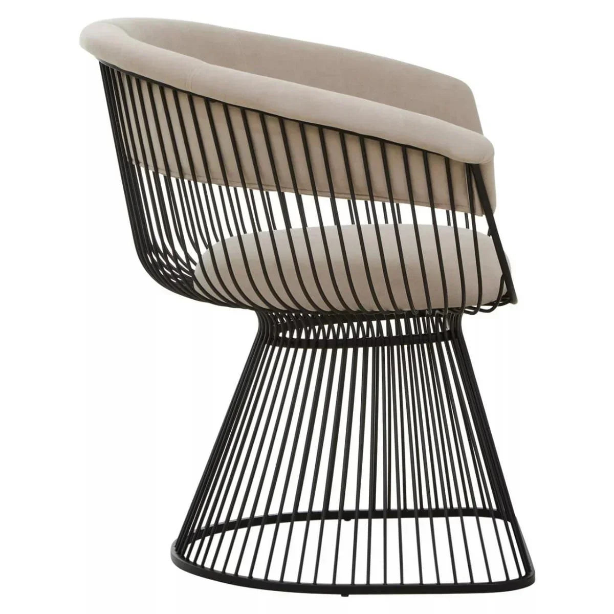 Modern accent chair with black metal frame and beige upholstered seat and backrest