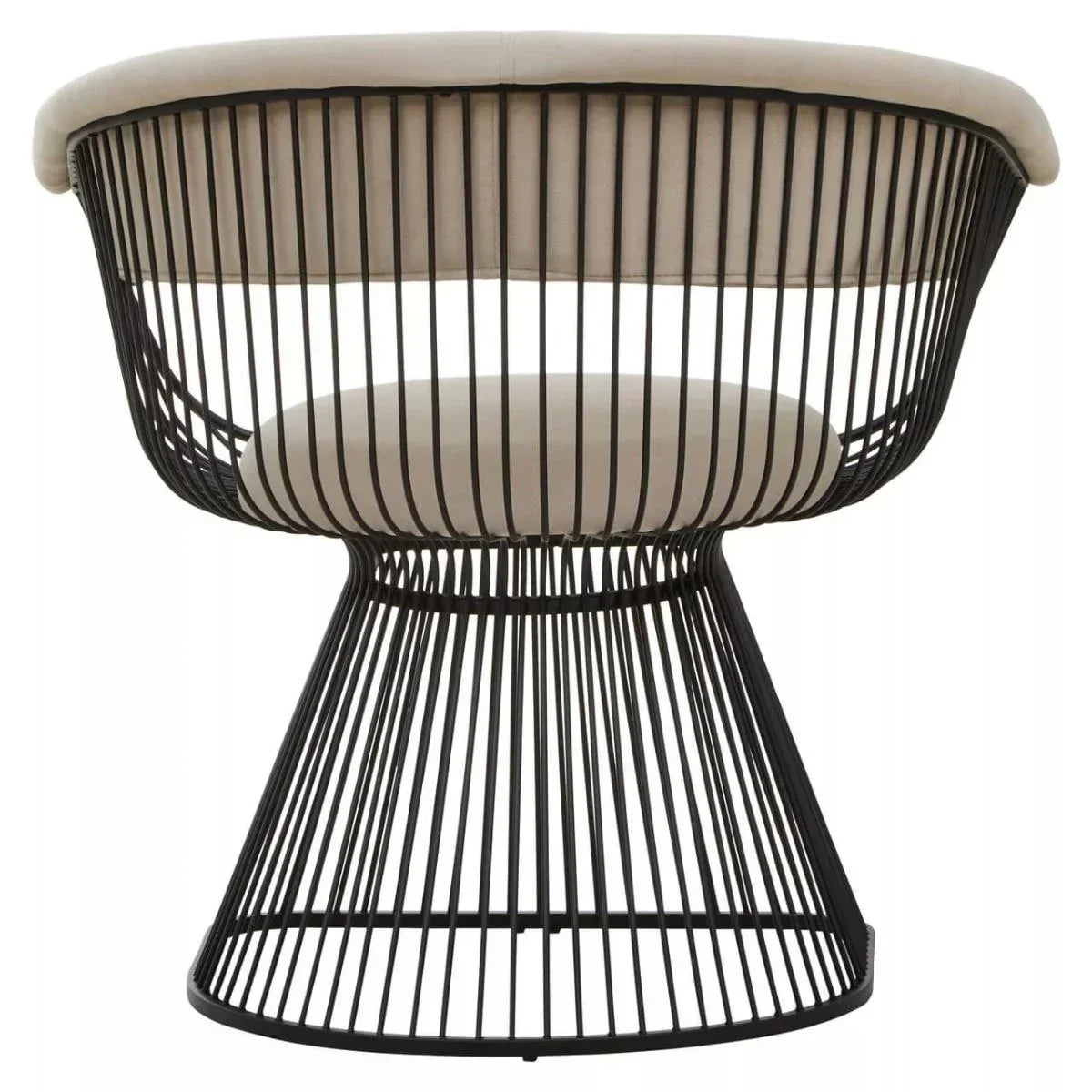Modern accent chair with black metal wire frame and round beige cushioned seat
