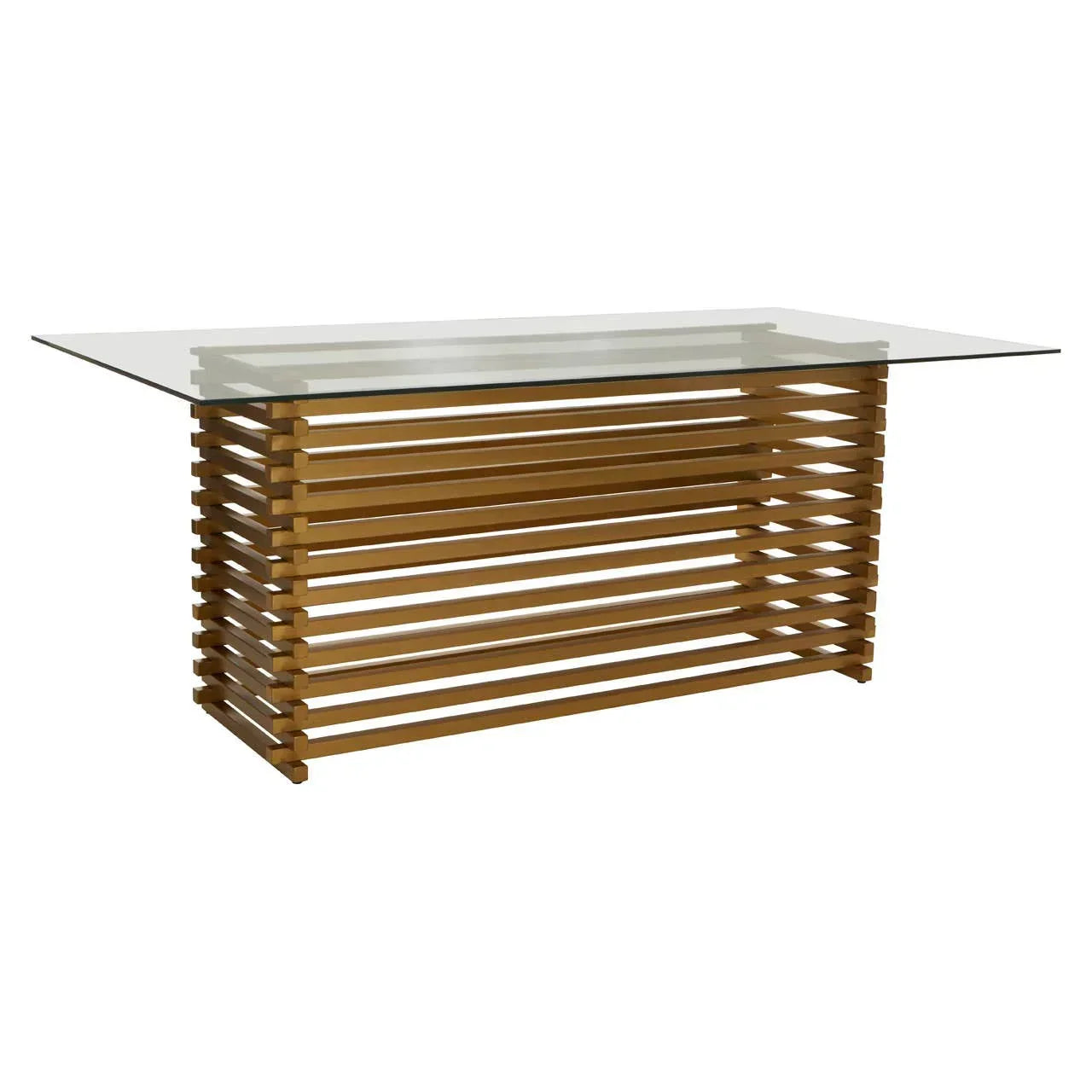 Rectangular glass dining table with slatted wooden base, modern design, isolated on white