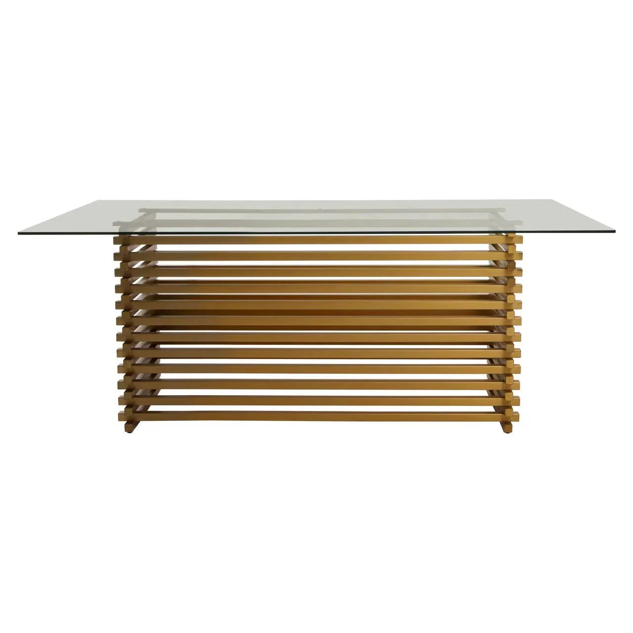 Rectangular glass top dining table with horizontal wooden slat base, front view