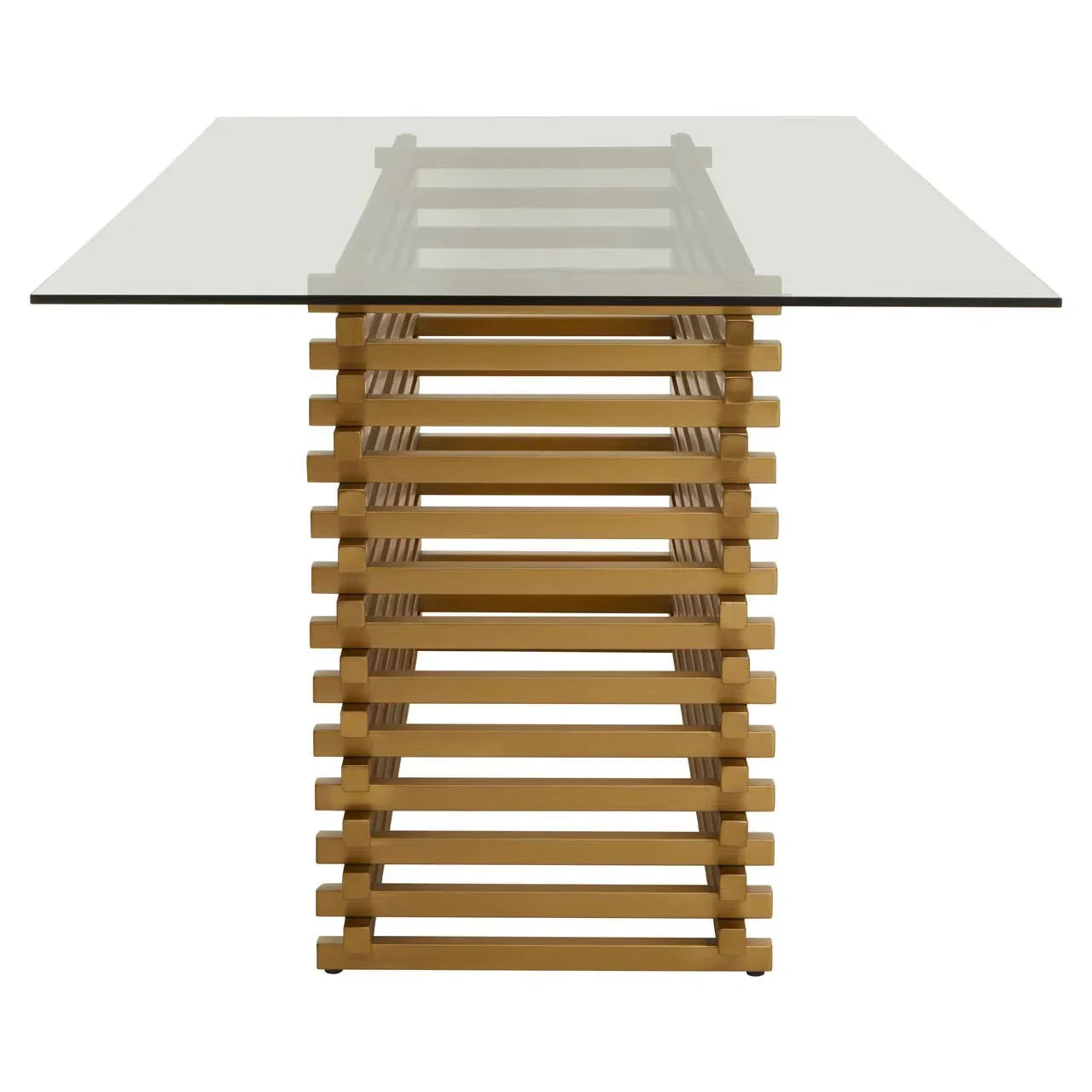 Modern dining table with clear glass top and slatted wood base, front angle view