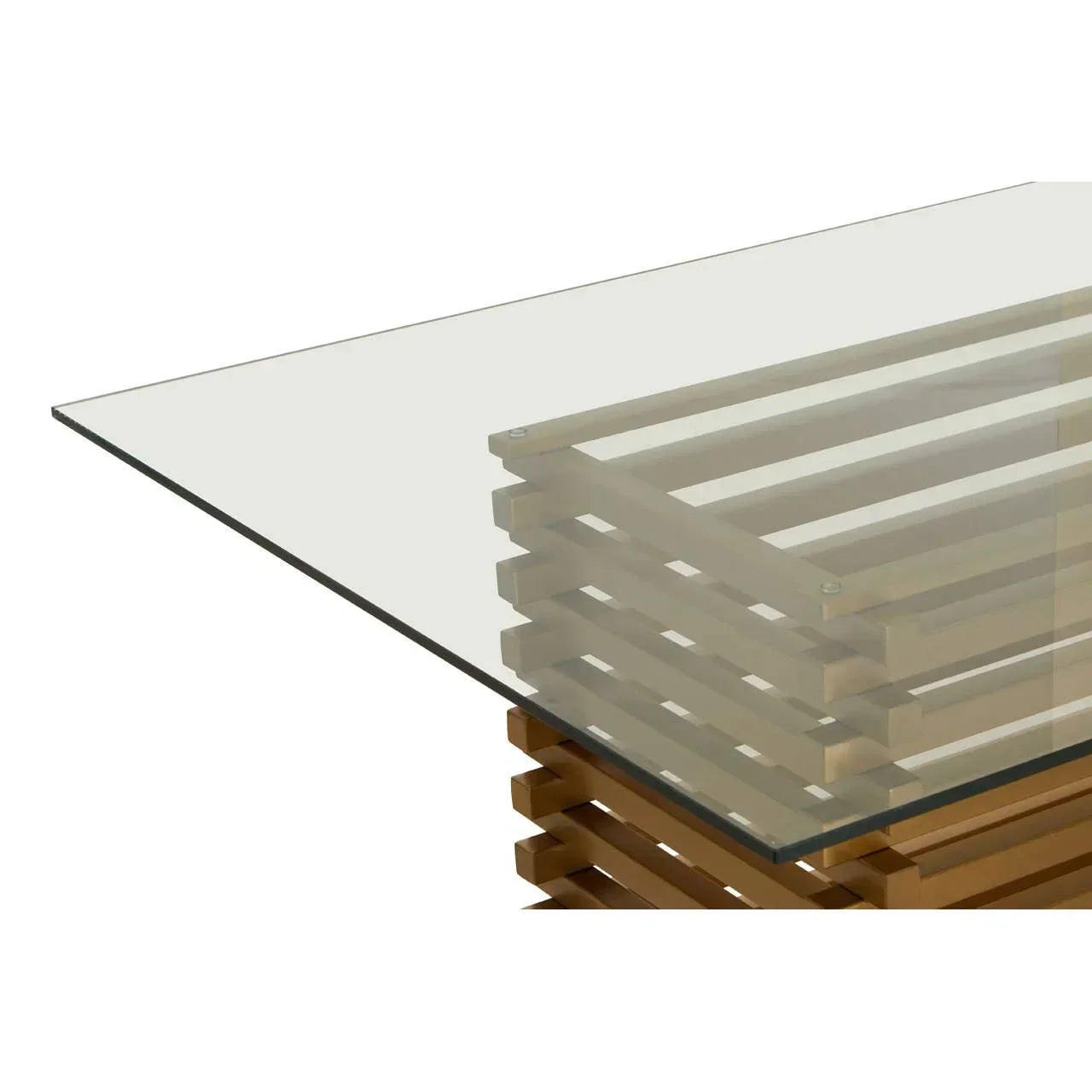 Modern glass dining table with geometric wooden slat base, corner angle view